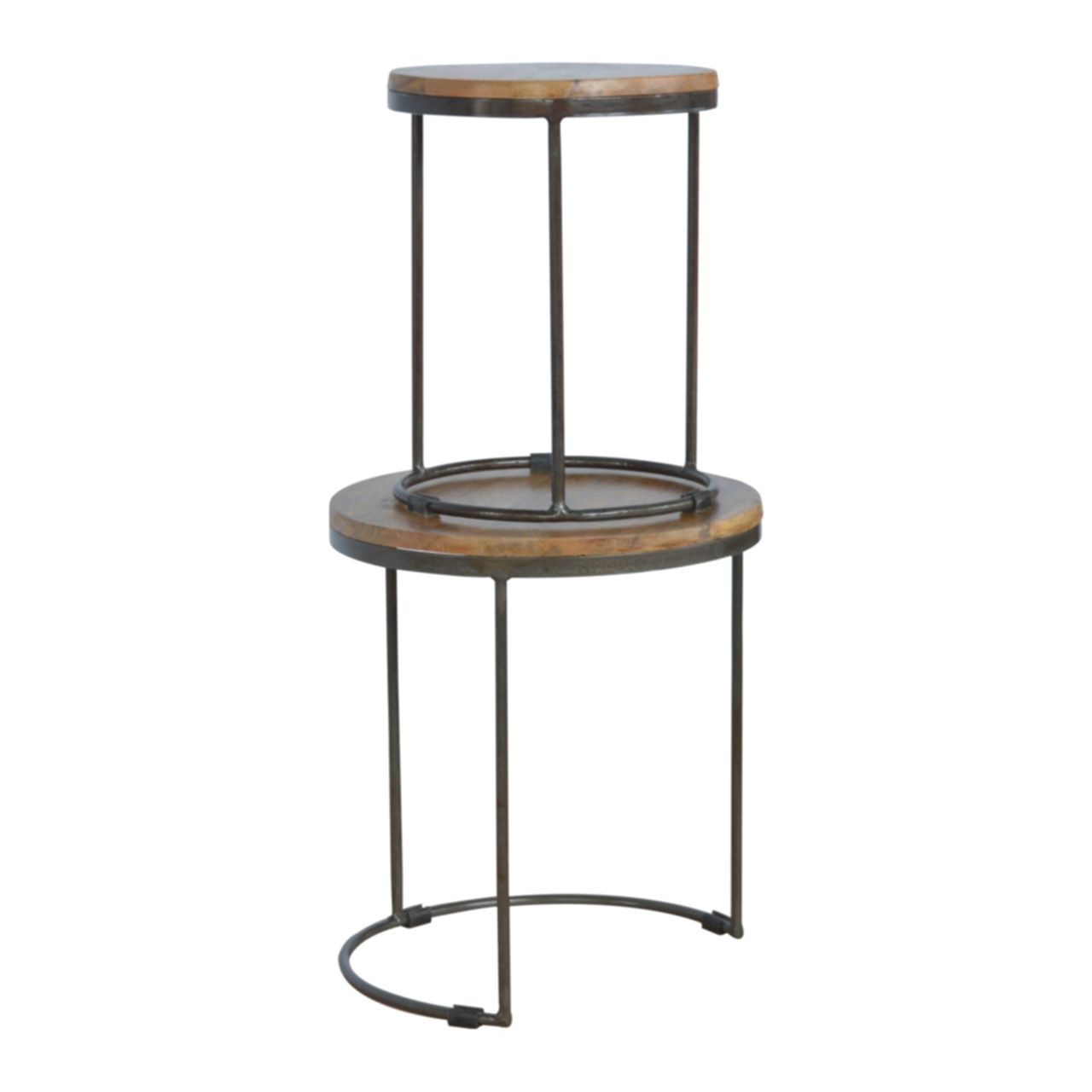 Round Stool Table With Iron Base (Set of 2) - Brown / Black Artisan Furniture