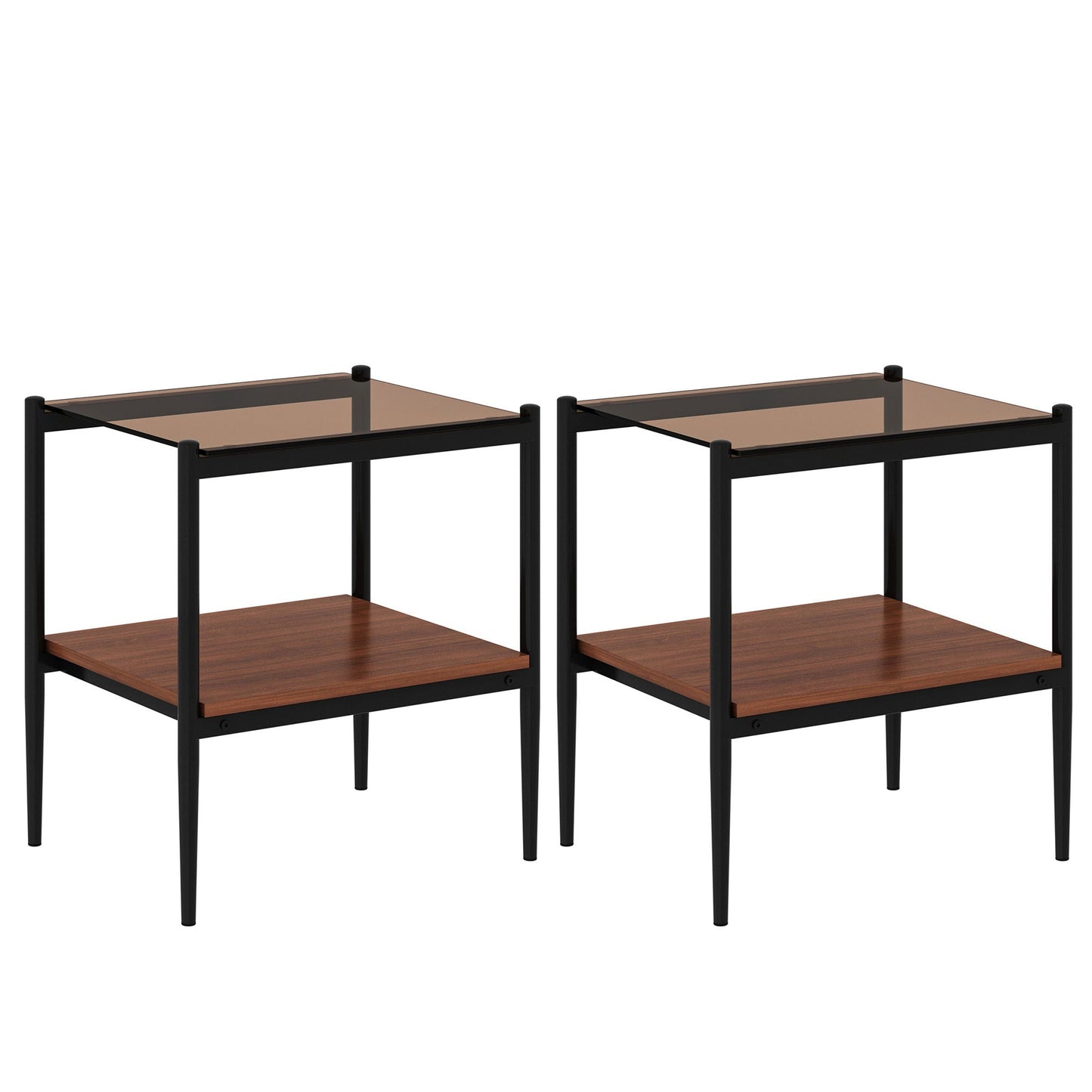 Modern Rectangle End Table (Set of 2) With Tempered Glass Tabletop And Layer - Brown Home Essentials