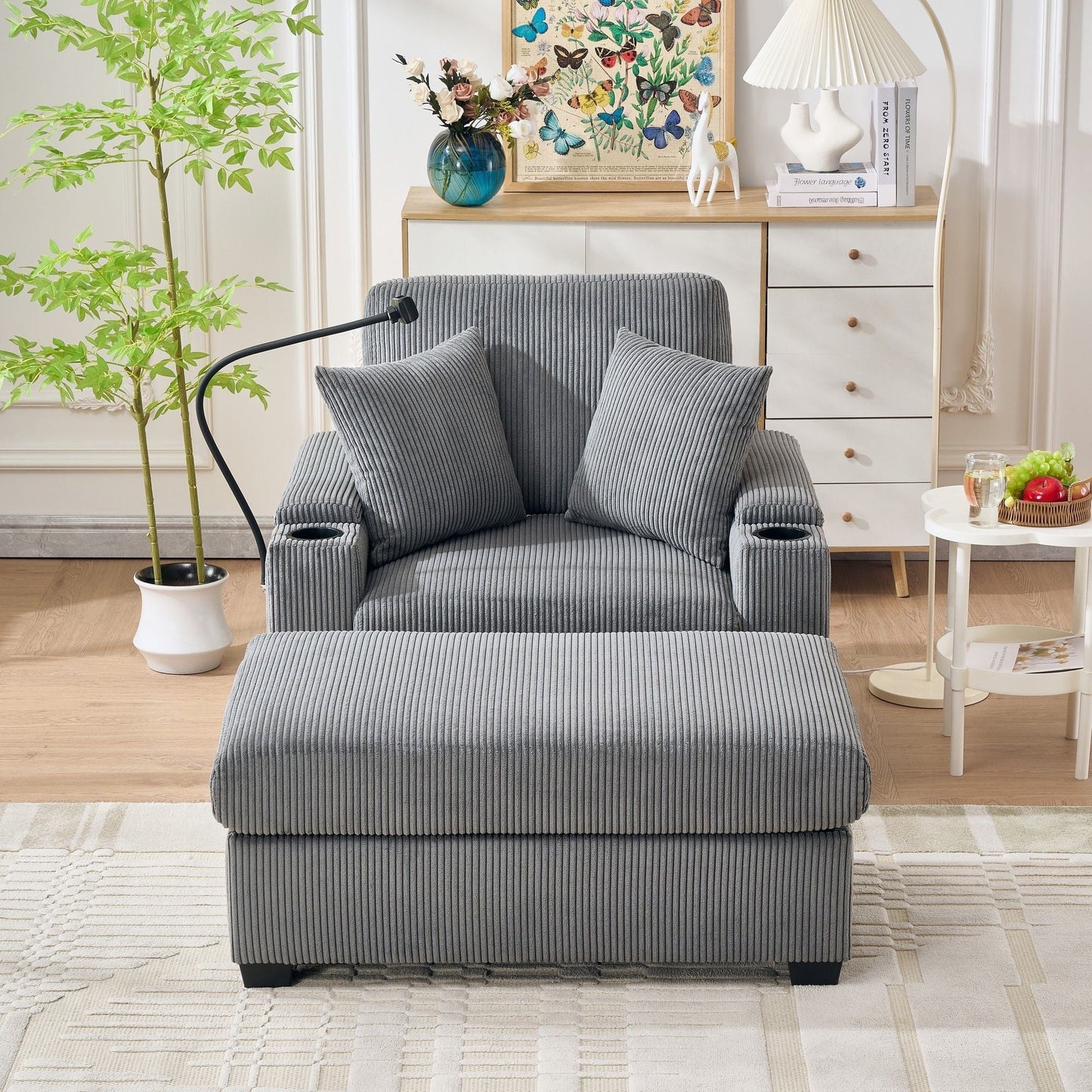 Comfy Corduroy Oversized Chaise Lounge Chair With Ottoman And Storage Home Essentials