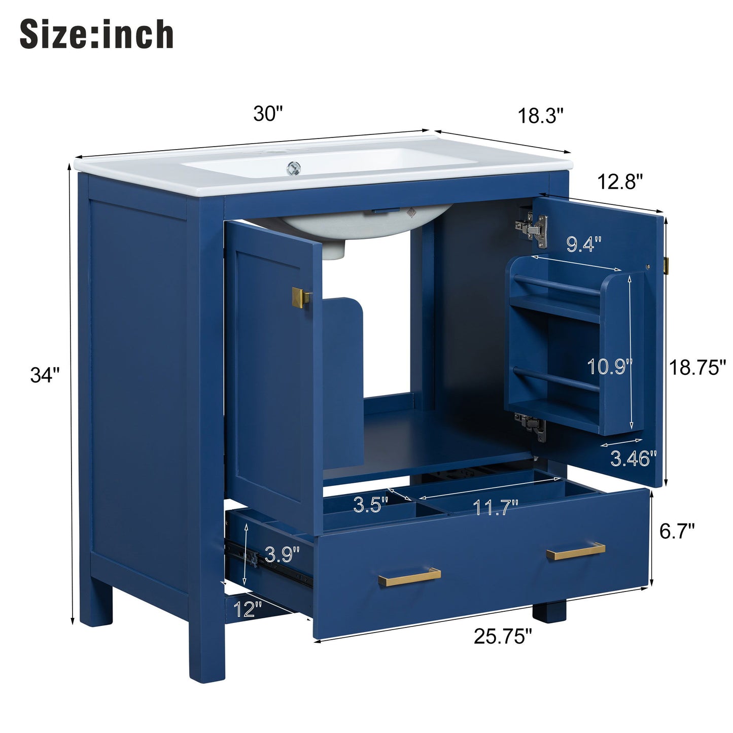 Bathroom Vanity With Single Sink, Combo Cabinet Undermount Sink, Bathroom Storage Cabinet With Two Doors And A Drawer, Soft Closing, Multifunctional Storage, Solid Wood Frame Hearth and Haven