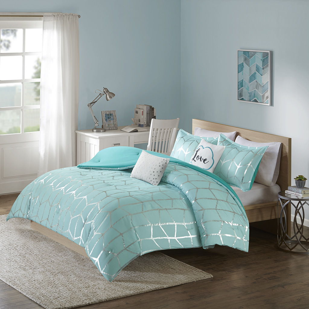 Raina - Metallic Printed Comforter Set - Aqua / Silver Intelligent Design