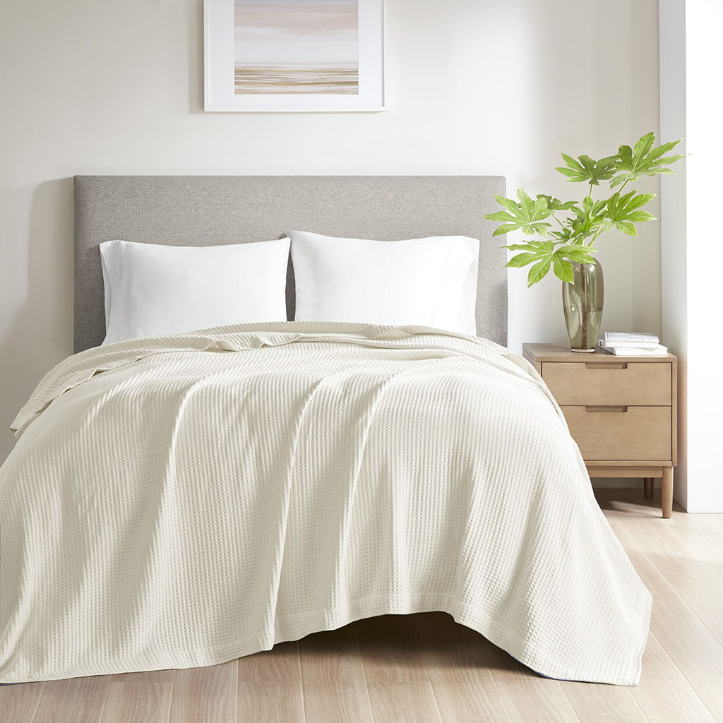 Waffle Weave - Twin Cotton Blanket - Ivory Madison Park