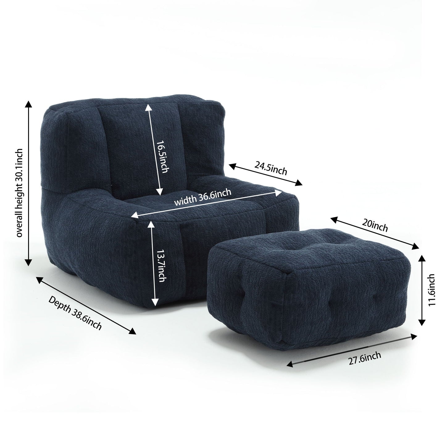 Modern Indoor Fluffy Bean Bag Chair With Memory Foam And Ottoman, Super Soft Home Essentials