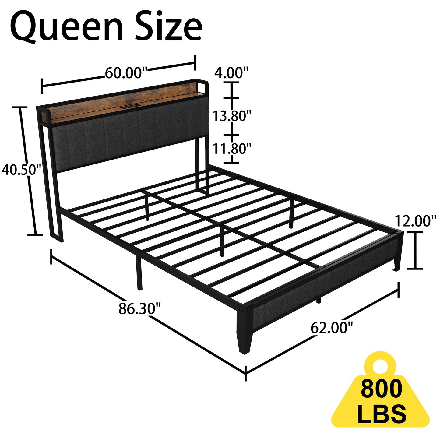 Bed With Charging Station, American Design Upholstered Headboard, Metal Platform Home Essentials