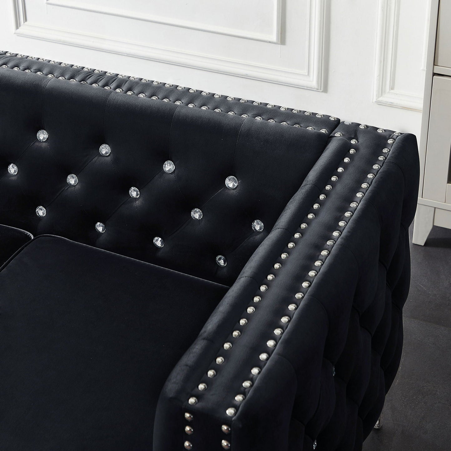 Wide Sofa With Jeweled Buttons Square Arm, 2 Pillows Home Essentials