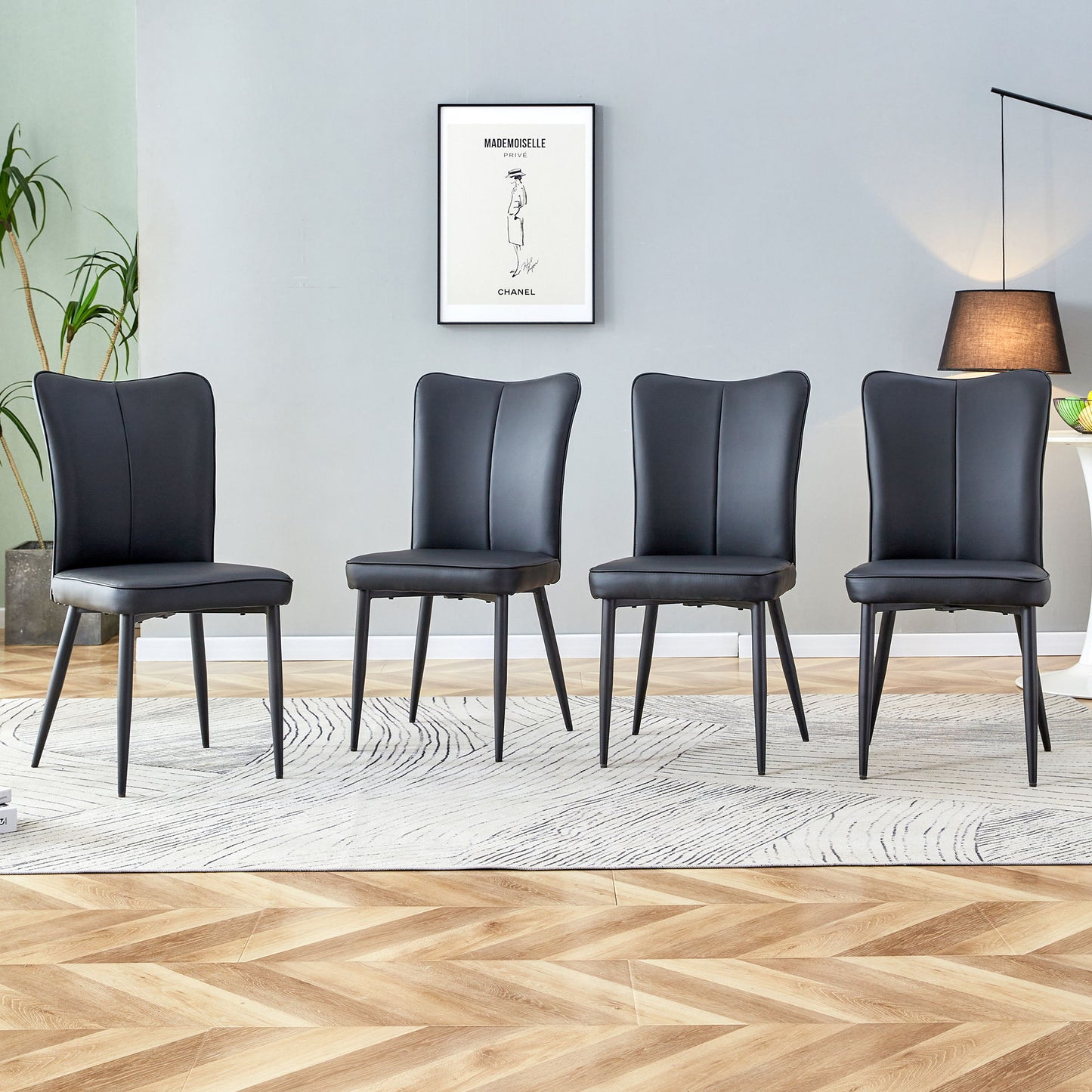 Modern Chair Set 4 Pieces With Vertical Backrest Design For Kitchen And Living Rooms - Black Home Essentials
