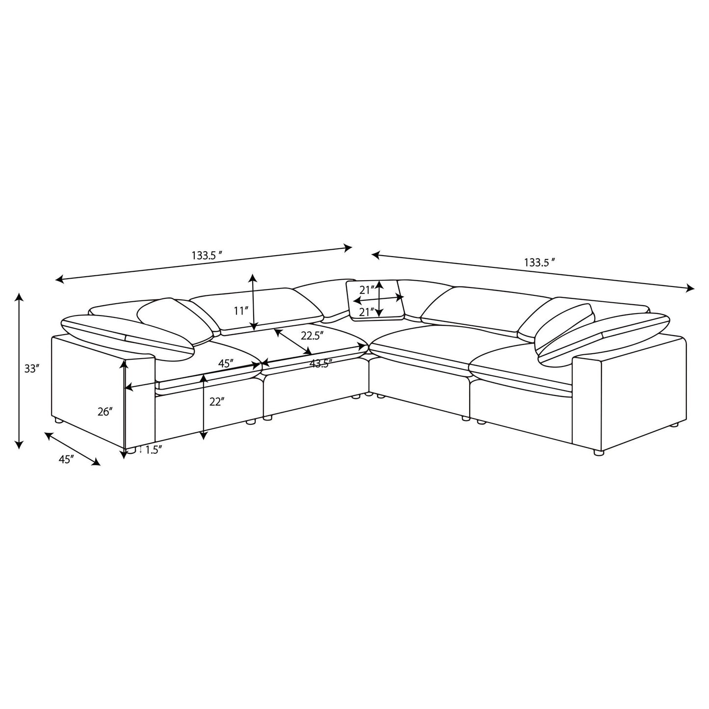 Segoura - 5 Piece Upholstered Modular Sectional With Reclined Back Pillows - Gray Furniture Max