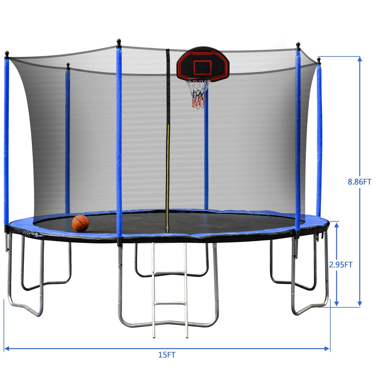 15Ft Trampoline With Basketball Hoop Inflator And Ladder (Inner Safety Enclosure) Daily Nest