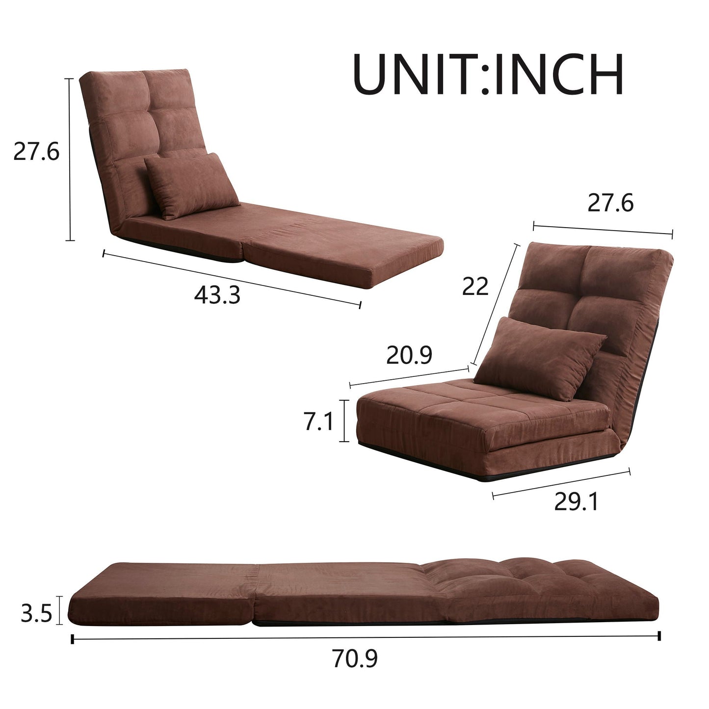 Modern Triple Fold Down Metal Frame Sofa Bed With 5 Reclining Positions And Pillow - Adjustable Upholstered Floor Couch For Gaming Or Guest Room - Brown Home Essentials