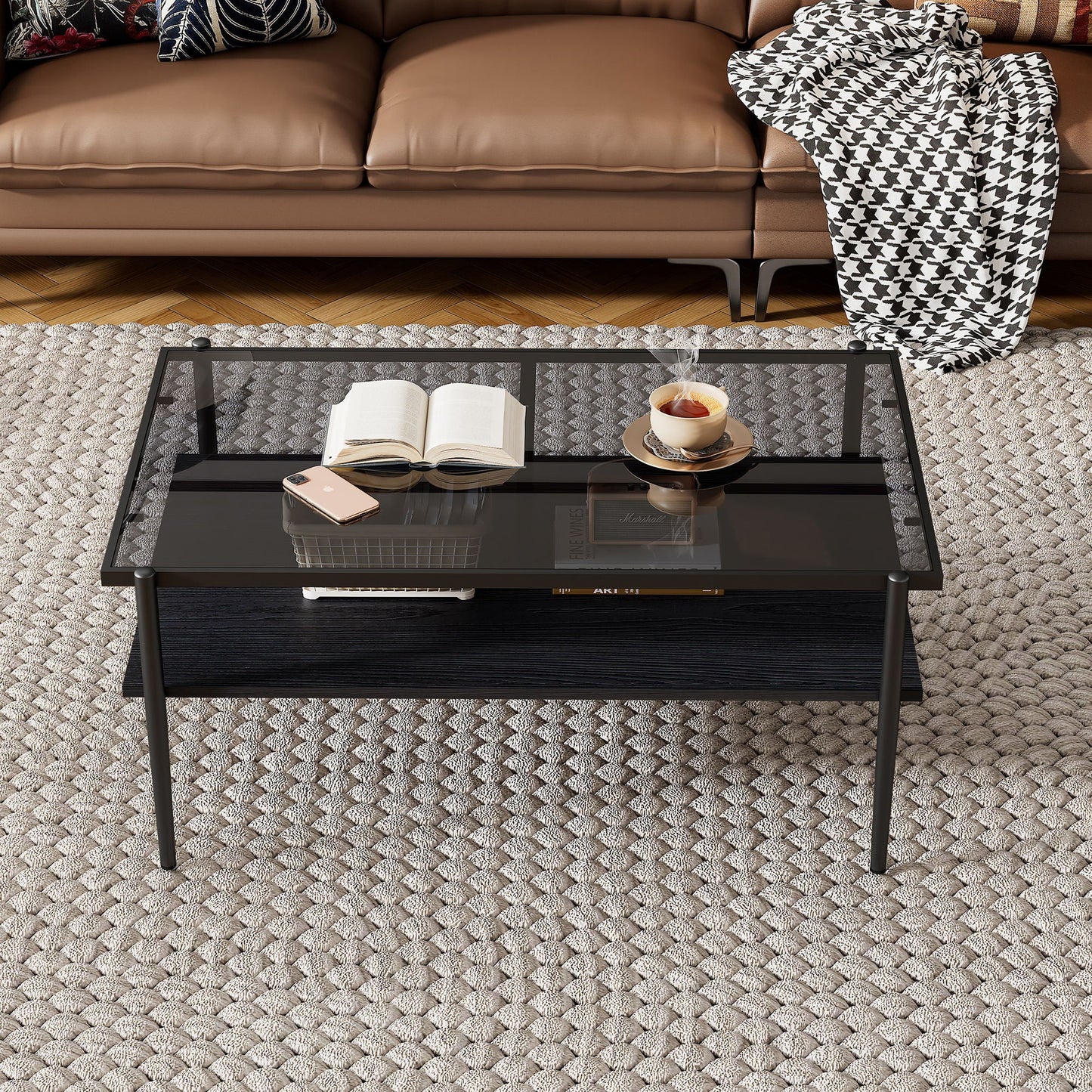 Rectangle Coffee Table With Tempered Glass Top And White Legs, Modern Table For Living Room Home Essentials