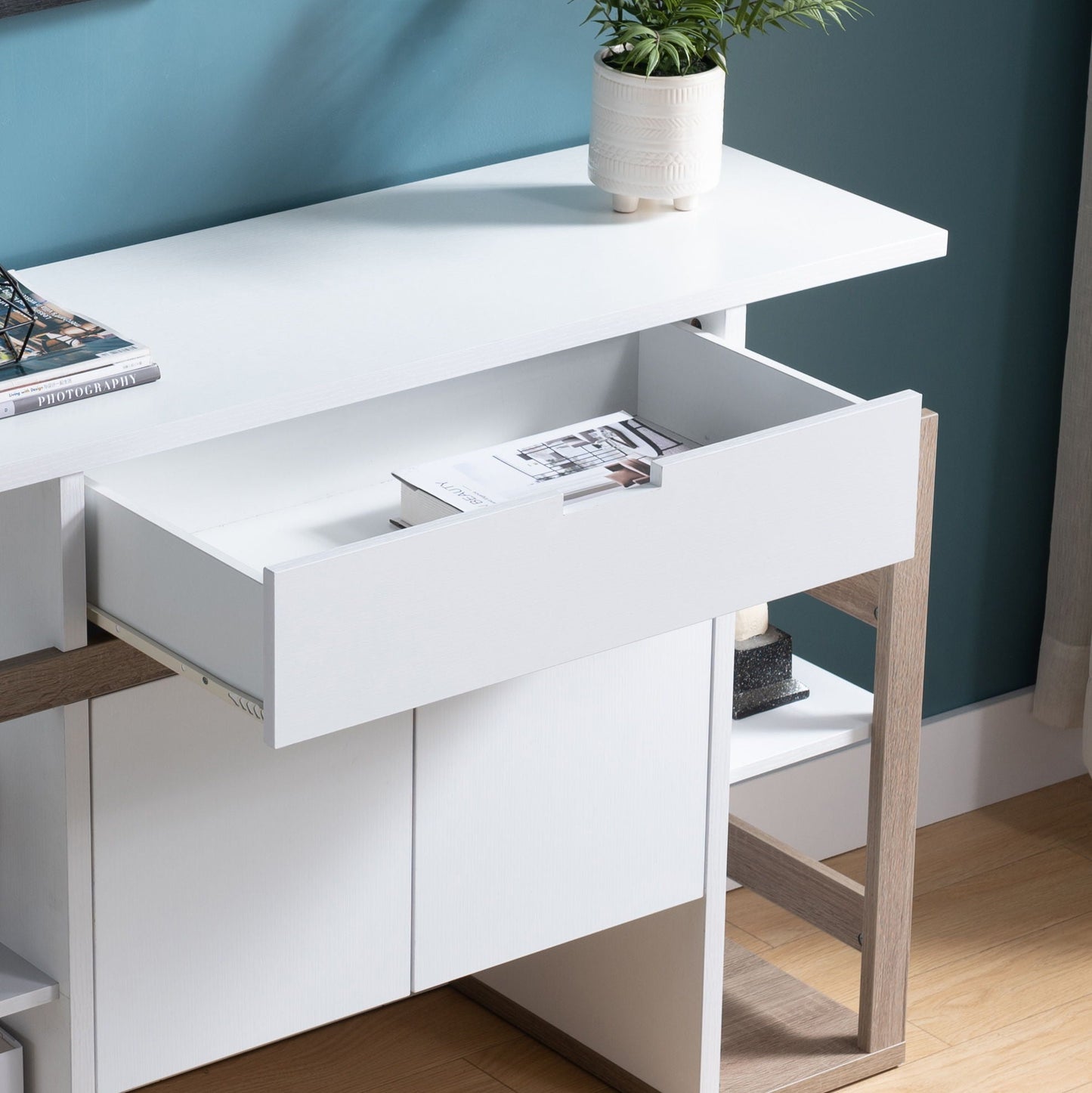 Modernize Kitchen Buffet Organizing Cabinet With 4 Shelves - White / Dark Taupe Home Essentials