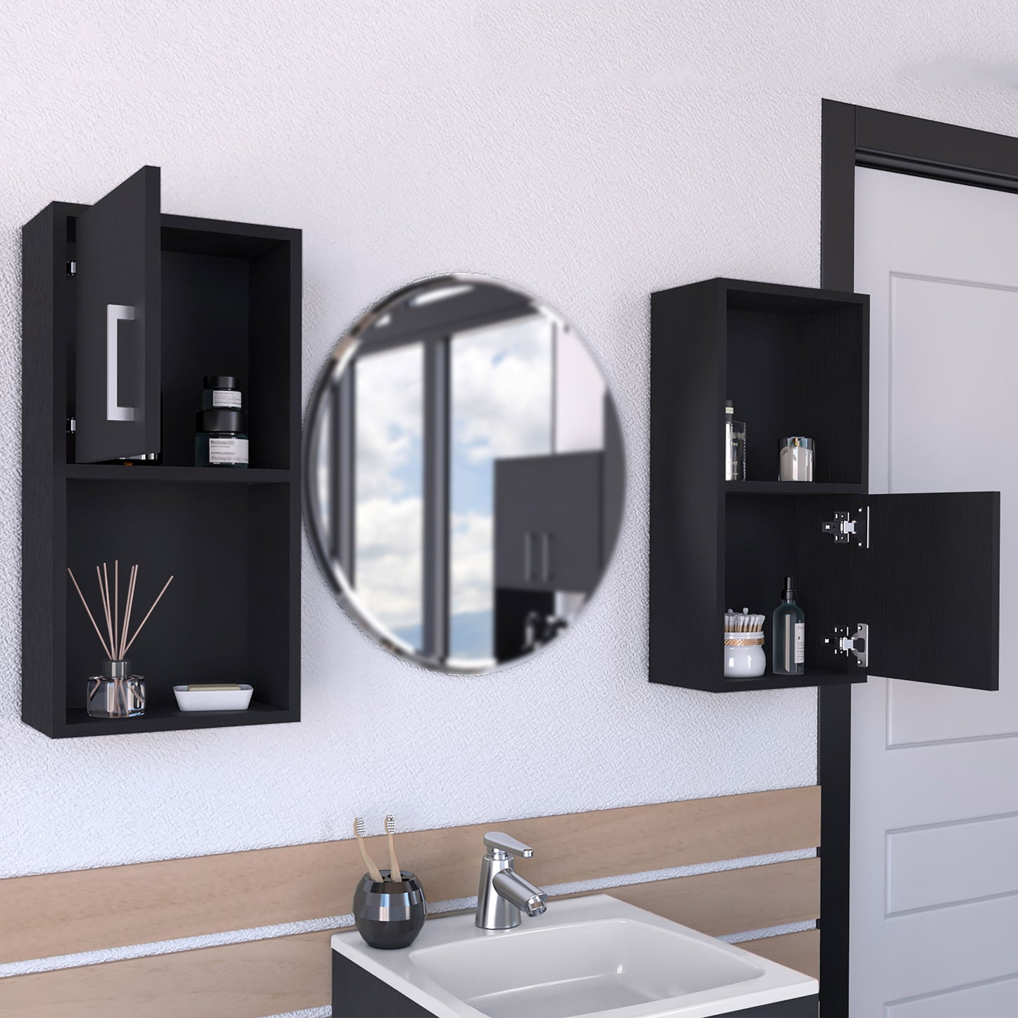 Wall Mounted Bathroom Medicine Cabinet Eak Two Doors, Two Shelves - Black Home Essentials