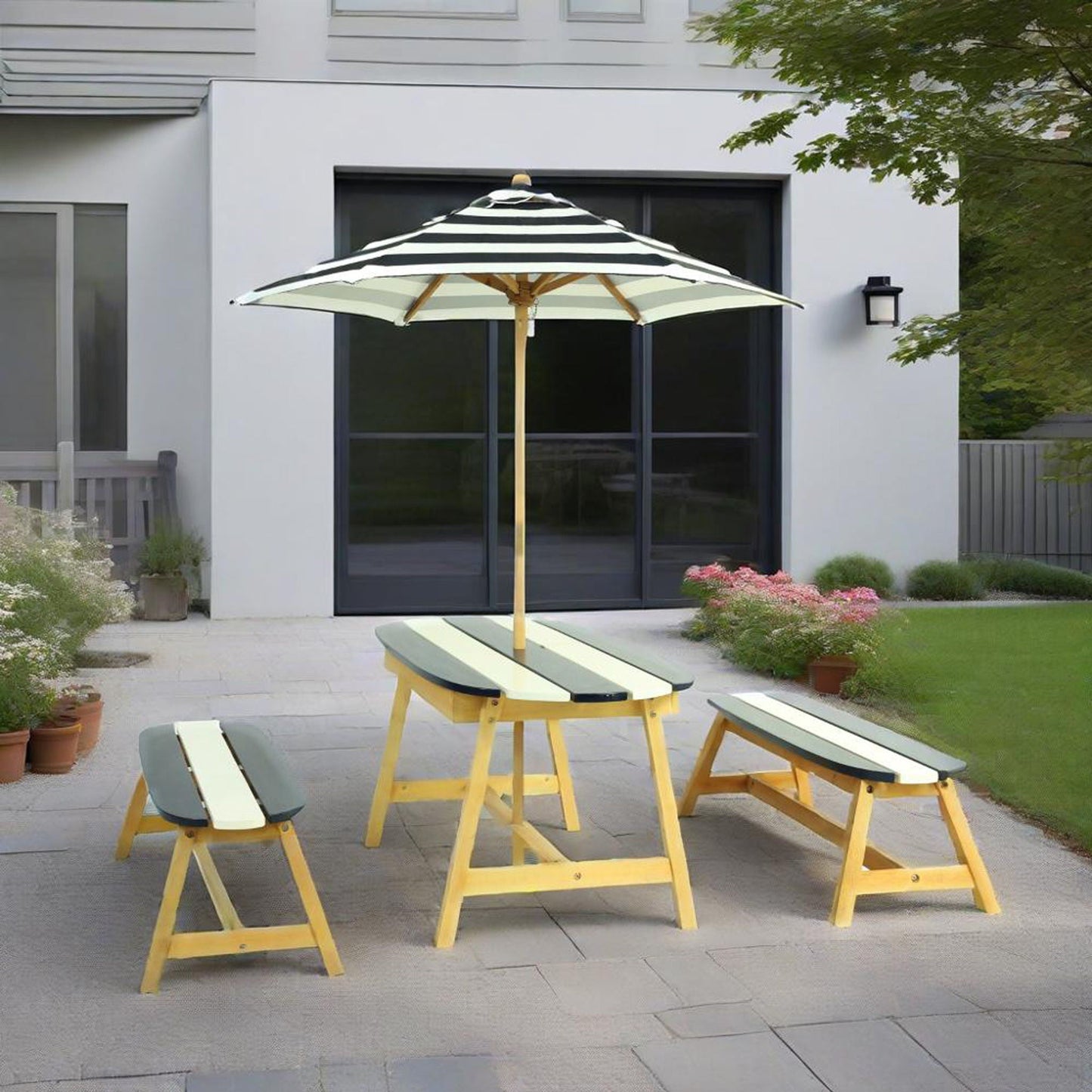 Naturally Playful Kids Picnic Table With Umbrella, Indoor / Outdoor Fun - Blue / White Stripes Home Essentials
