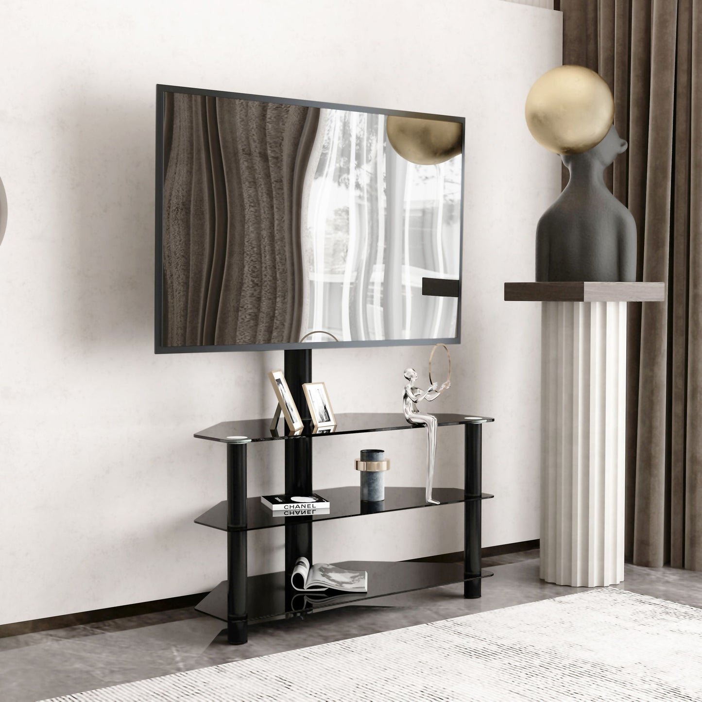 Multi-Function TV Stand Height Adjustable Bracket Swivel 3 Tier - Black Home Essentials