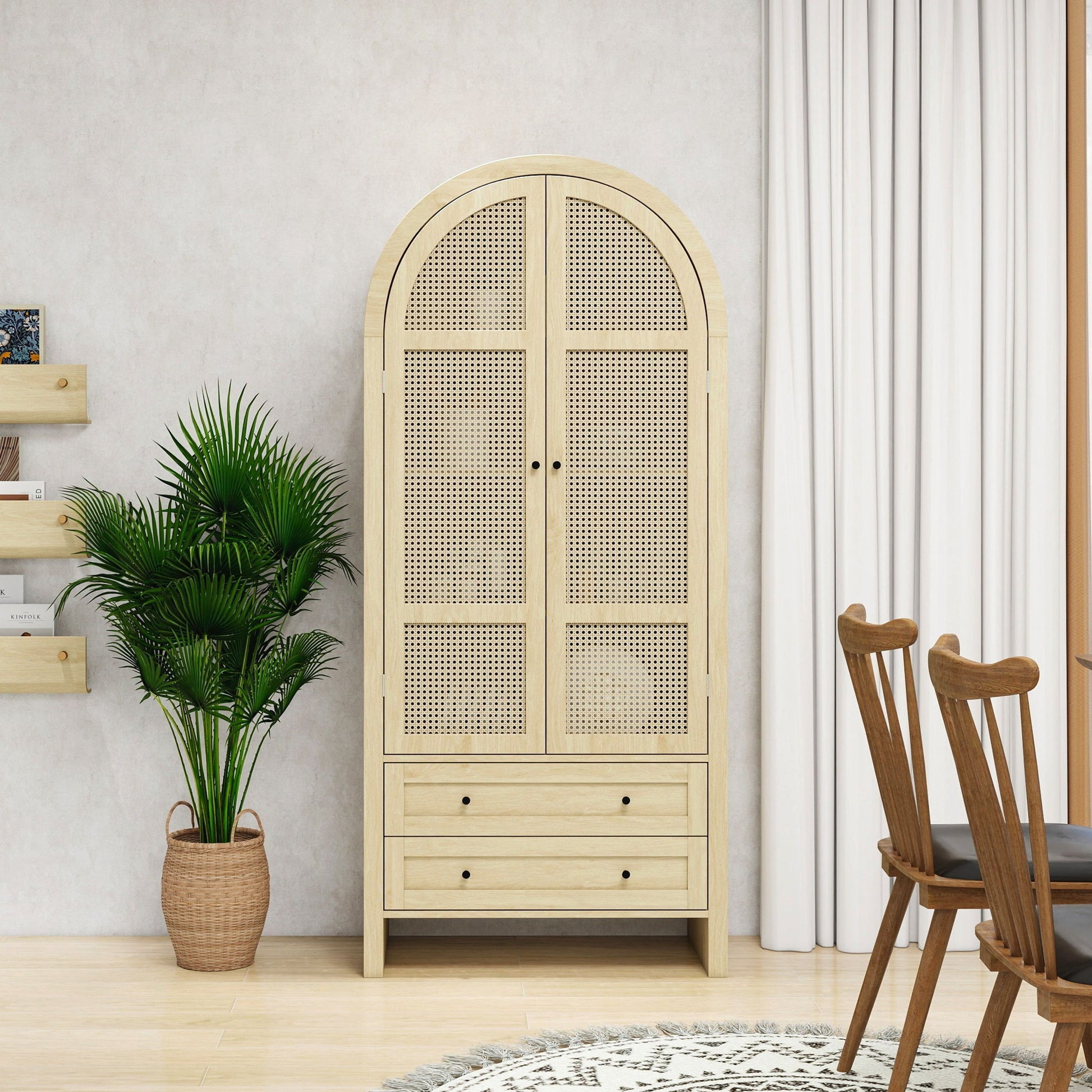 Tall Arched Kitchen Pantry, Arched Storage Display Cabinet With 2 Drawers & Adjustable Shelves, Rattan Door Versatile Storage Cabinet For Kitchen, Dining Room, Living Room - Natural Home Essentials