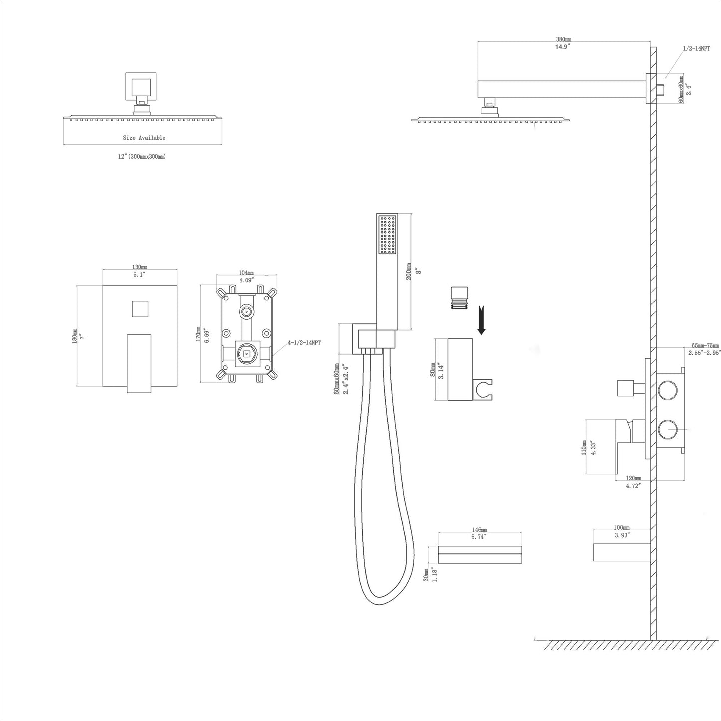Square Shower System With Waterfall Tub Spout And Rough In Valve, Wall Mounted Daily Nest
