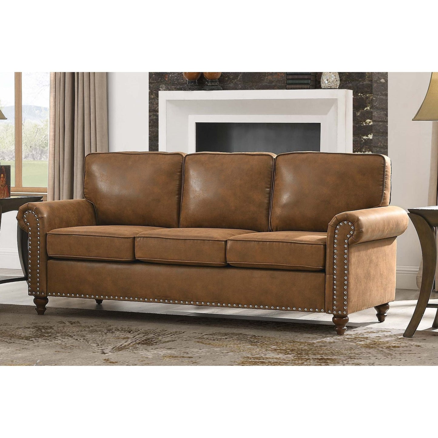 Sofa With Rolled Arms And Studs Trim - Brown Home Essentials
