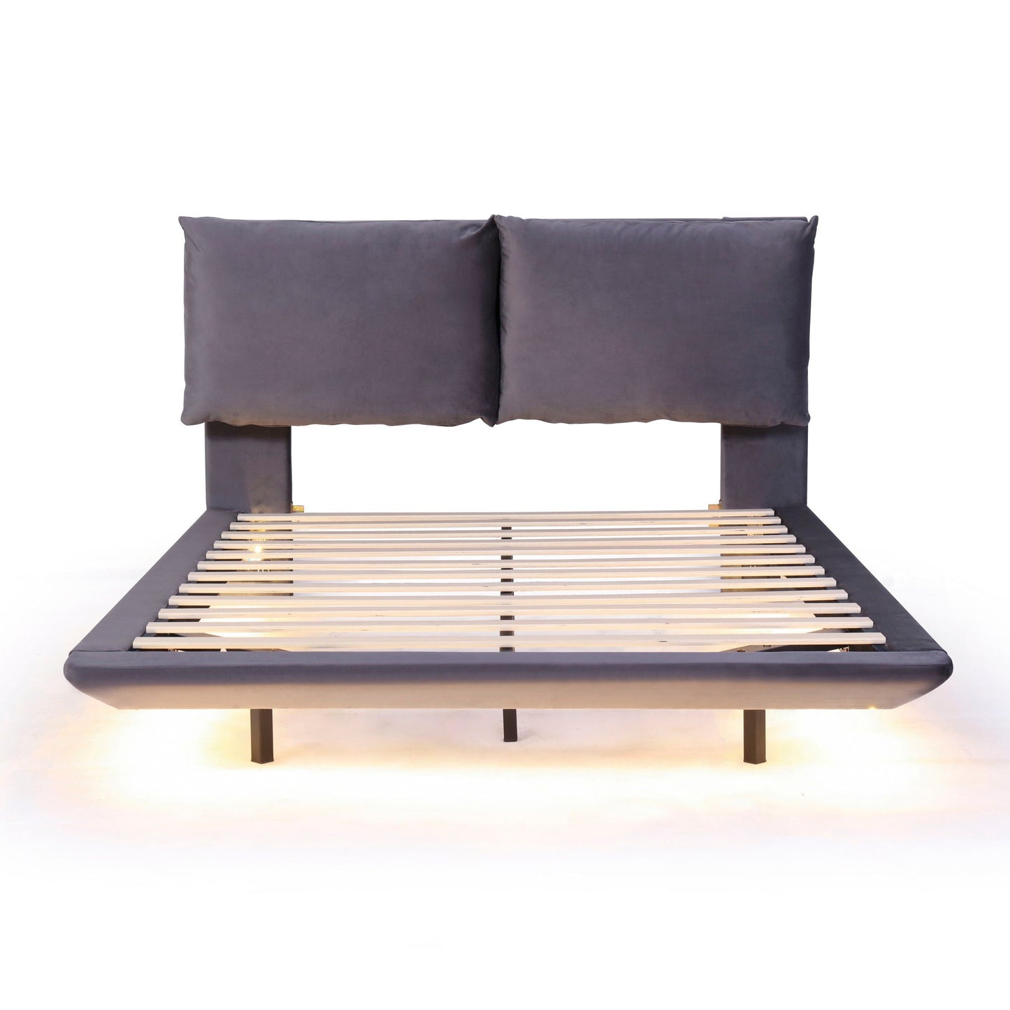 Upholstered Platform Bed With Sensor Light And 2 Large Backrests, With 2 Sets Of USB Port And Socket On Each Rear Bed Leg Halcyon Home