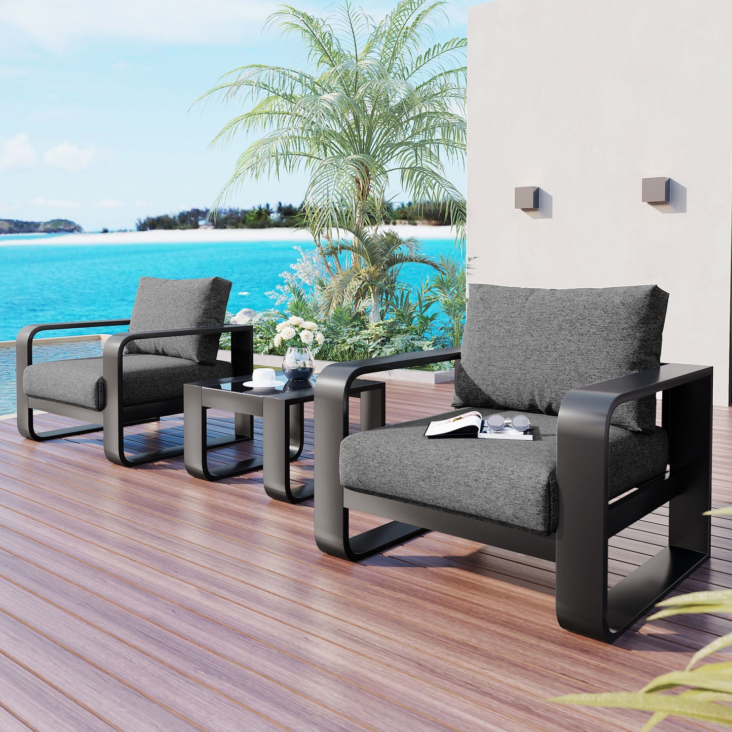 3 Piece Aluminum Frame Patio Furniture With 6.7" Thick Cushion And Coffee Table, All Weather Use Olefin Fabric Outdoor Chair - Gray / Black Hearth and Haven