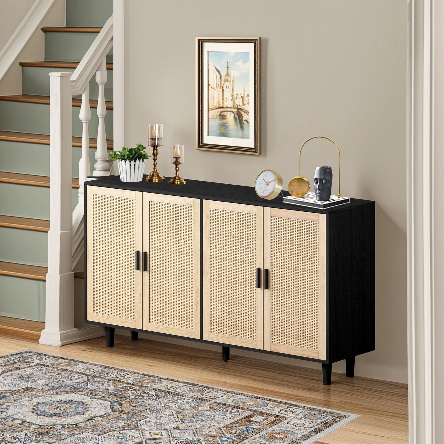 Elegant And Functional 4 Door Rattan Decorative Storage Cabinet Home Essentials