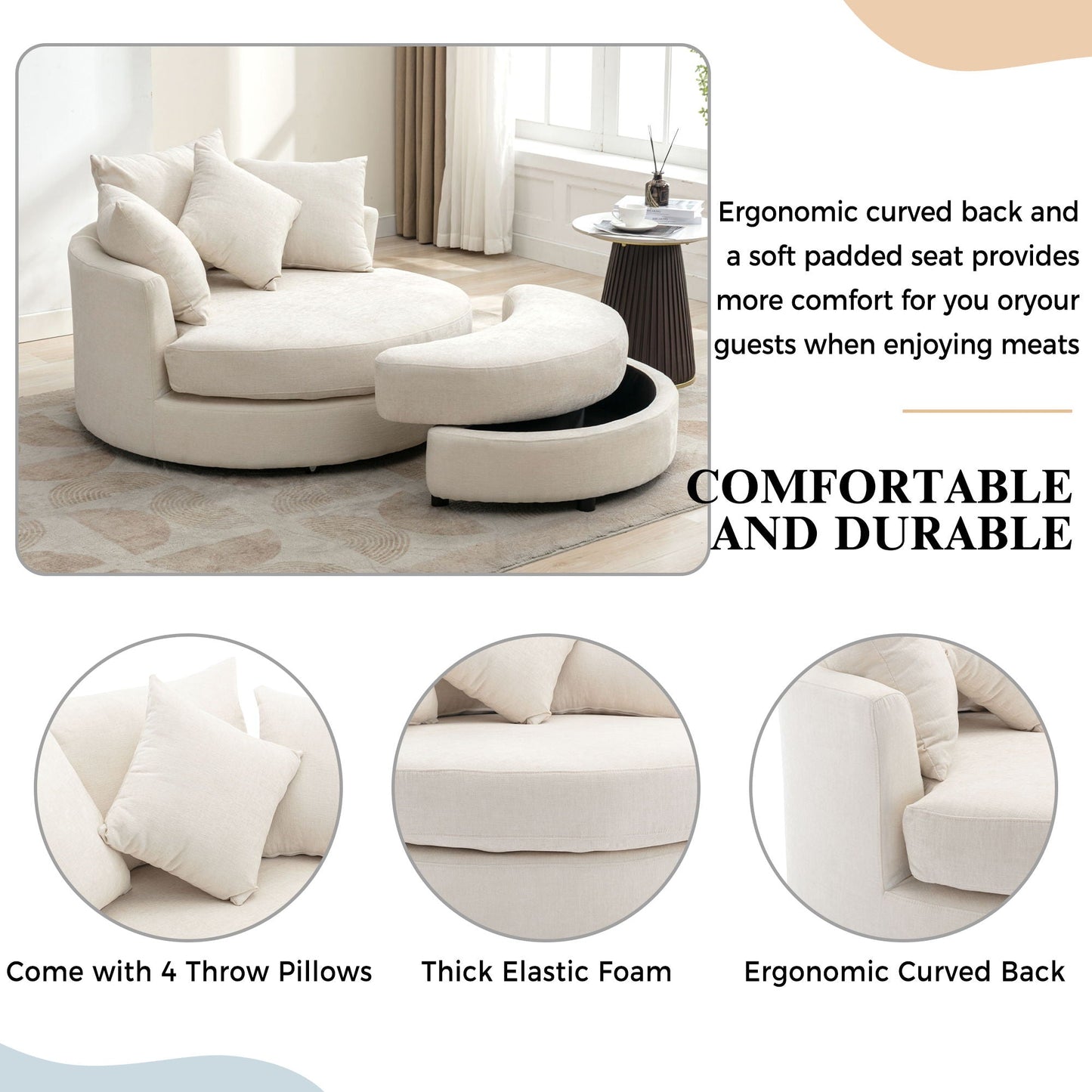 360° Swivel Accent Barrel Chair With Storage Ottoman & 4 Pillows, Modern Chenille Leisure Chair Round Accent For Living Room Hearth and Haven