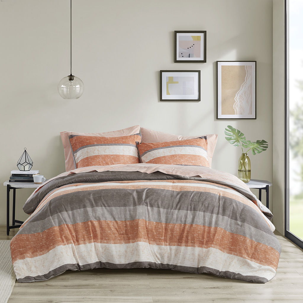 Jaxon - 7 Piece Full Stripe Comforter Set With Bed Sheets - Coral/Gray Madison Park Essentials