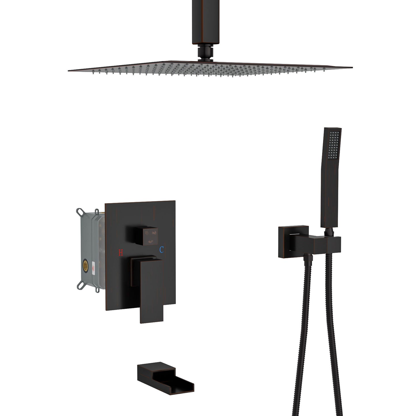 Modern Shower System With Waterfall Tub Spout, 12" Ceiling Mount Square Shower Daily Nest