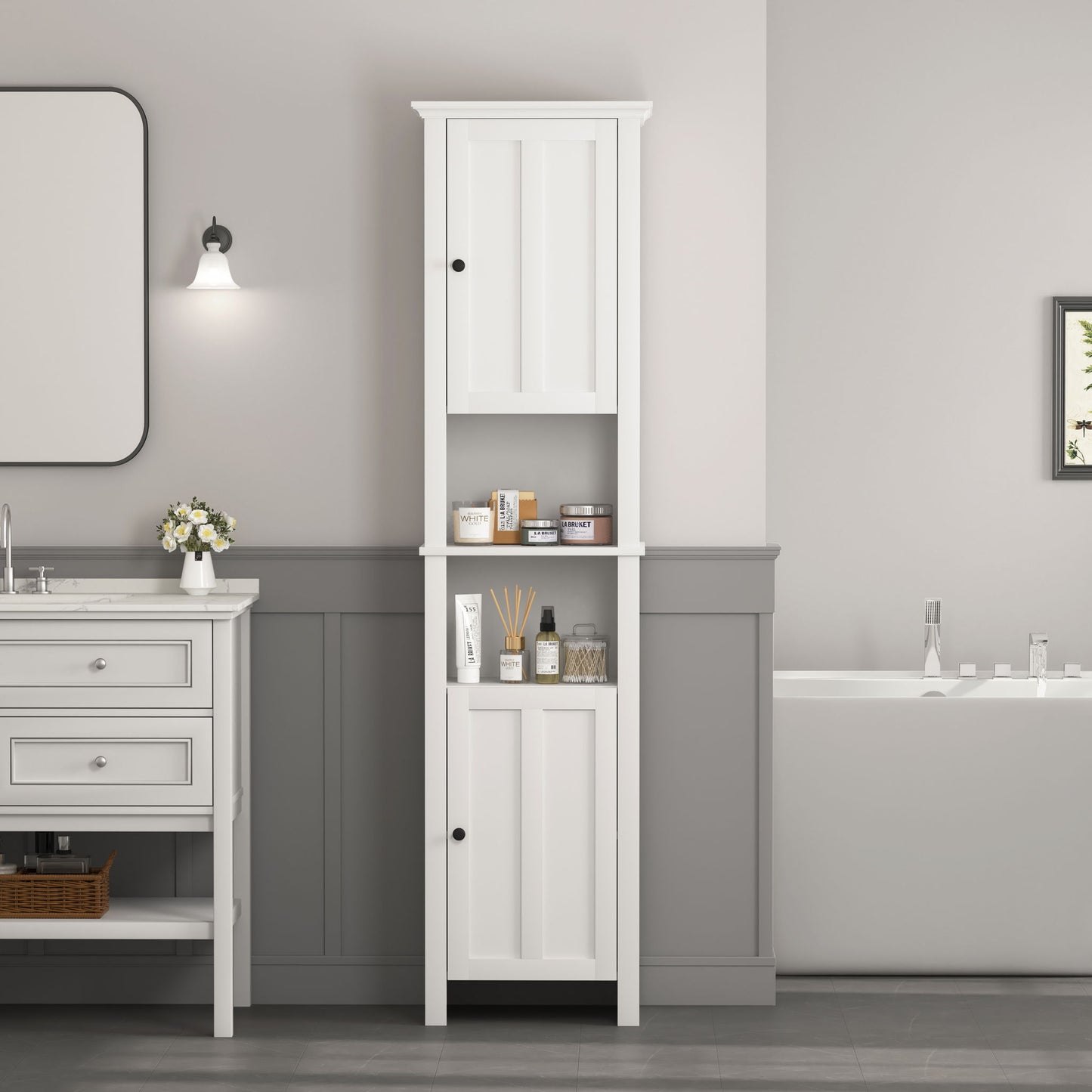 Wooden Bathroom Floor Storage Cabinet With 2 Doors And 6 Shelves - White Home Essentials