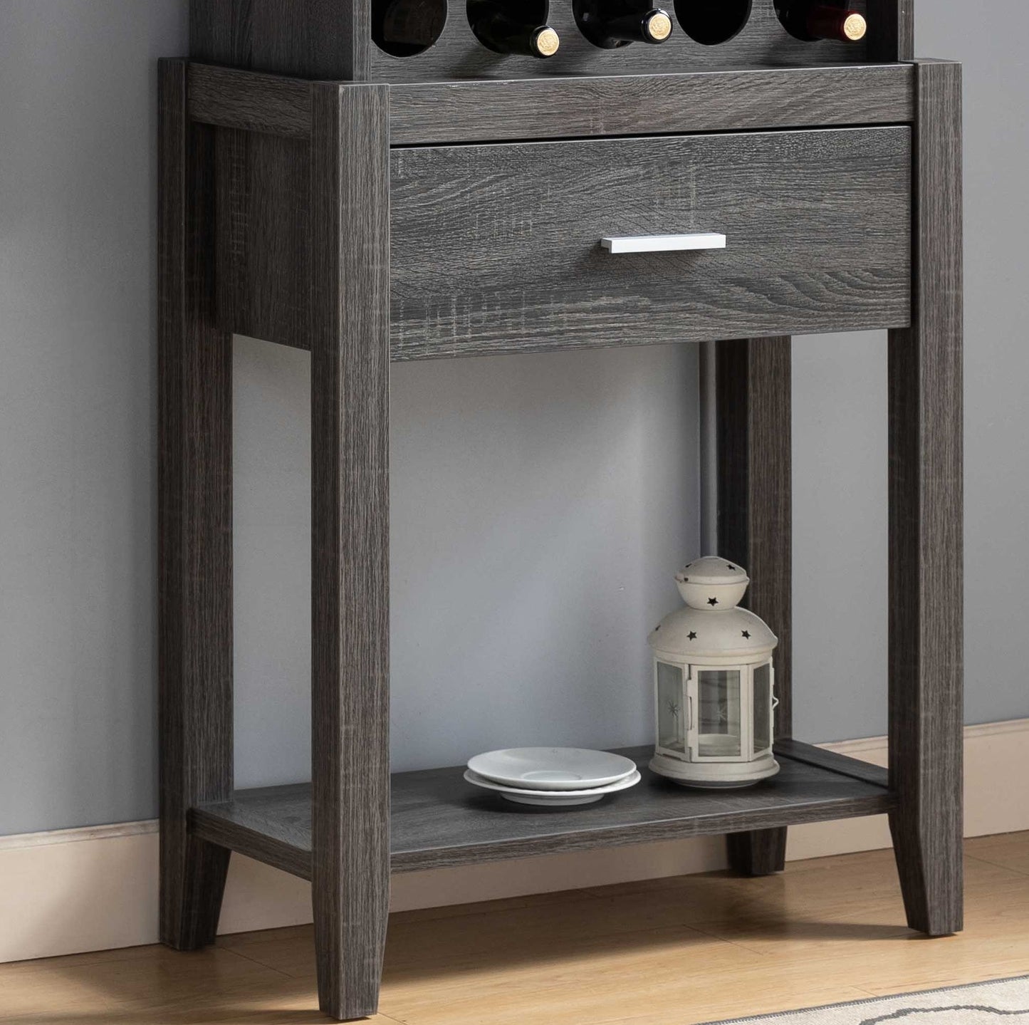Wine Bar Cabinet, Kitchen Storage Cabinet With Drawer And Open Shelves - Distressed Gray Home Essentials