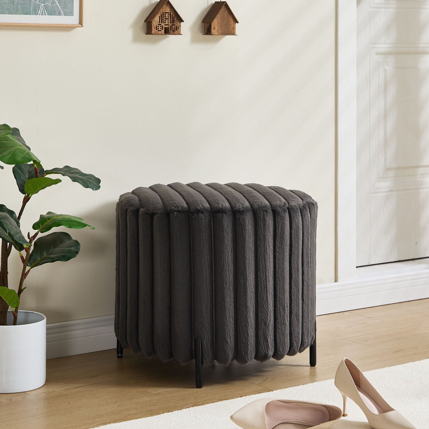 Wide Upholstered Round Pouf Ottoman Foot Rest Home Essentials