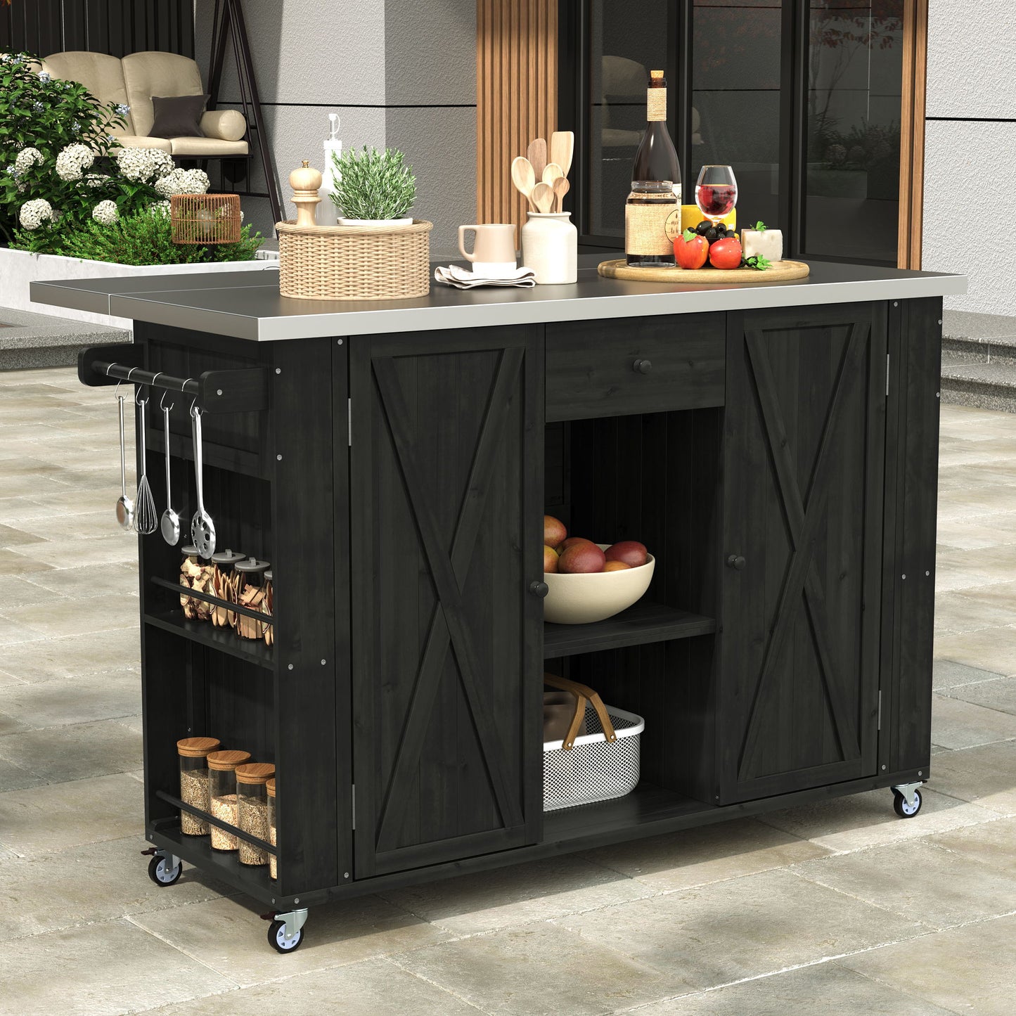 Outdoor Kitchen Island With Stainless Steel Top, Ample Storage Space, Towel And Spice Racks And A Bottle Opener Hearth and Haven