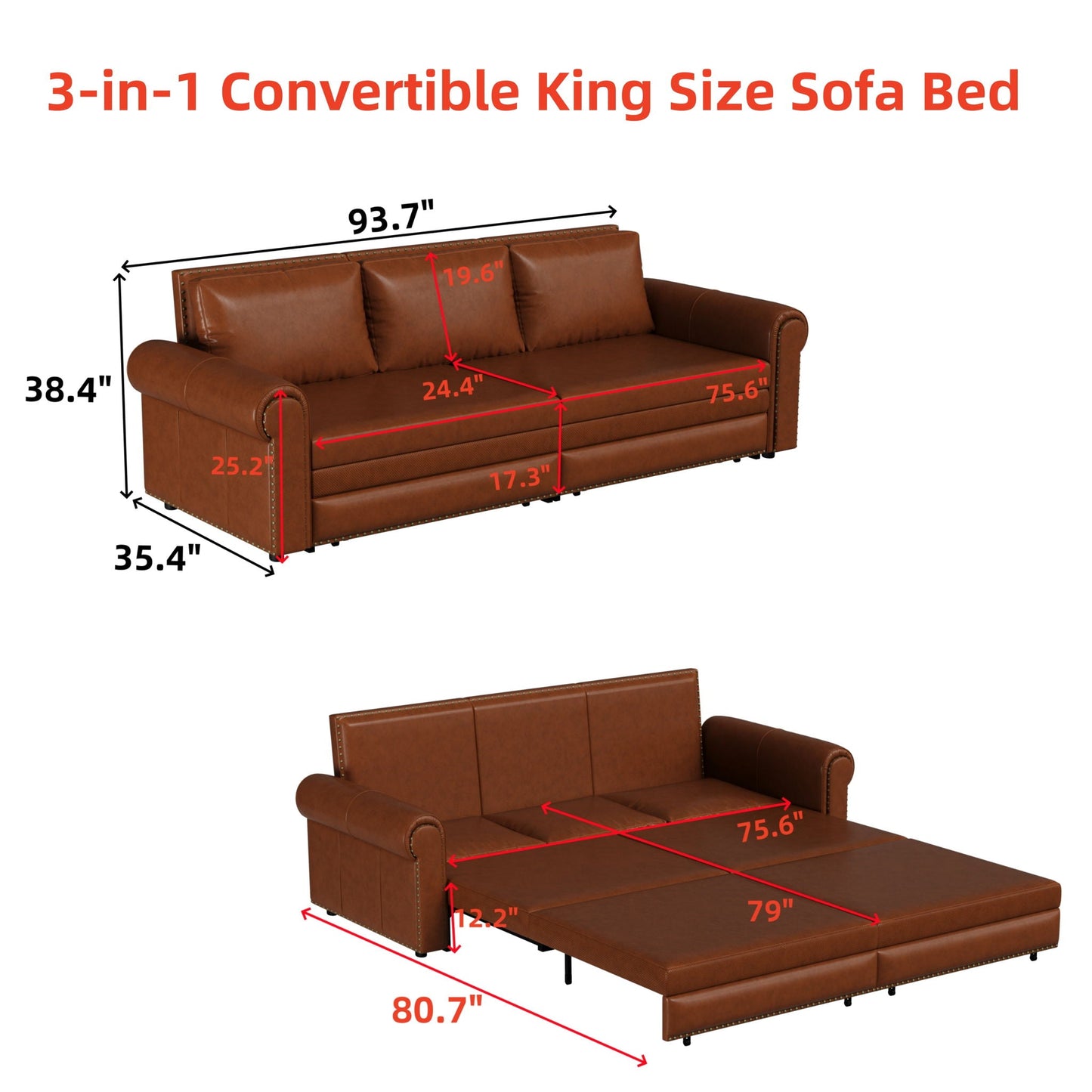3 In 1 Convertible Sleeper Sofa With Nailhead Trim & Rolled Arm Home Essentials
