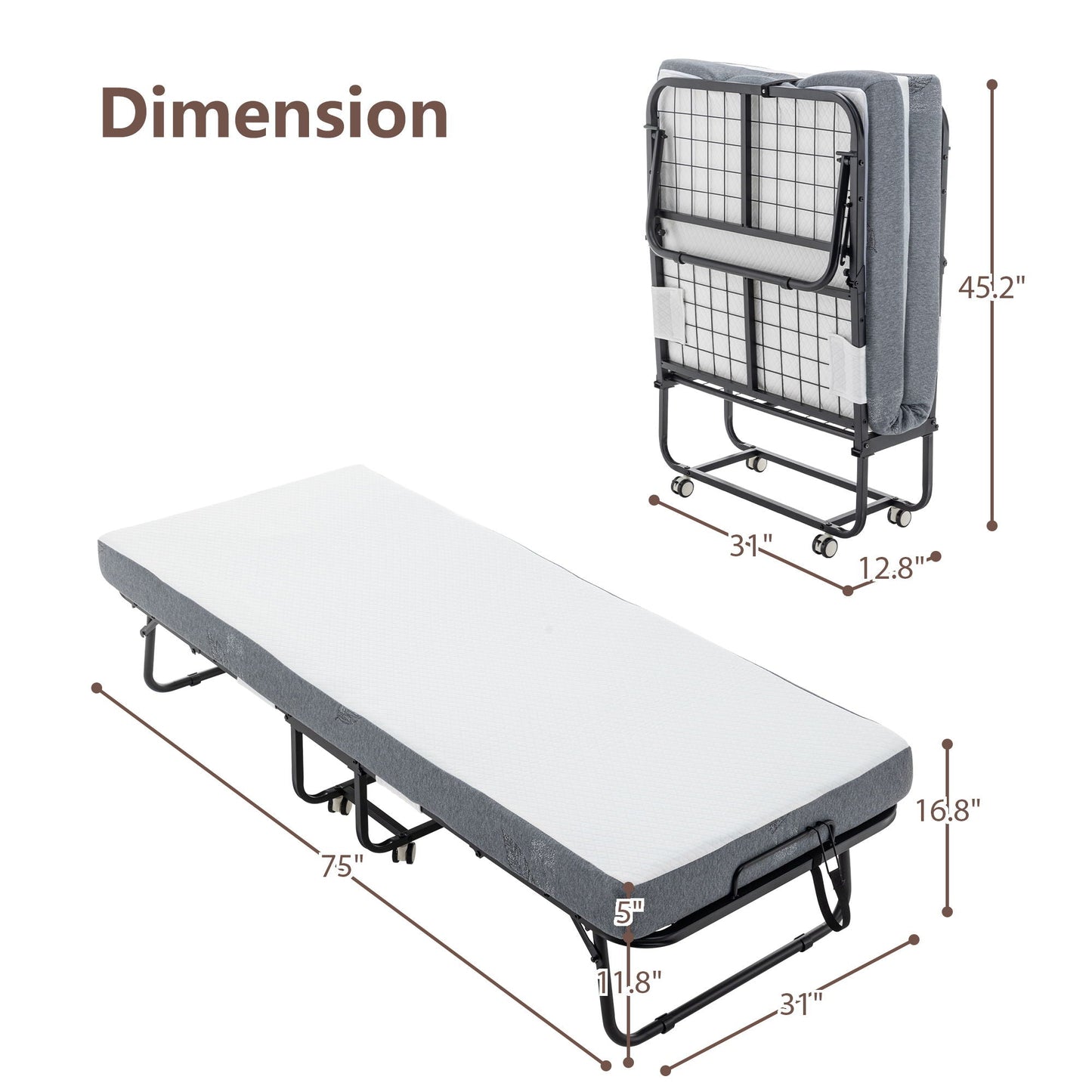 Foldable Metal Frame Bed For Guest With Memory Foam Mattress On Wheels, Saving Space Rollaway Bed Home Essentials