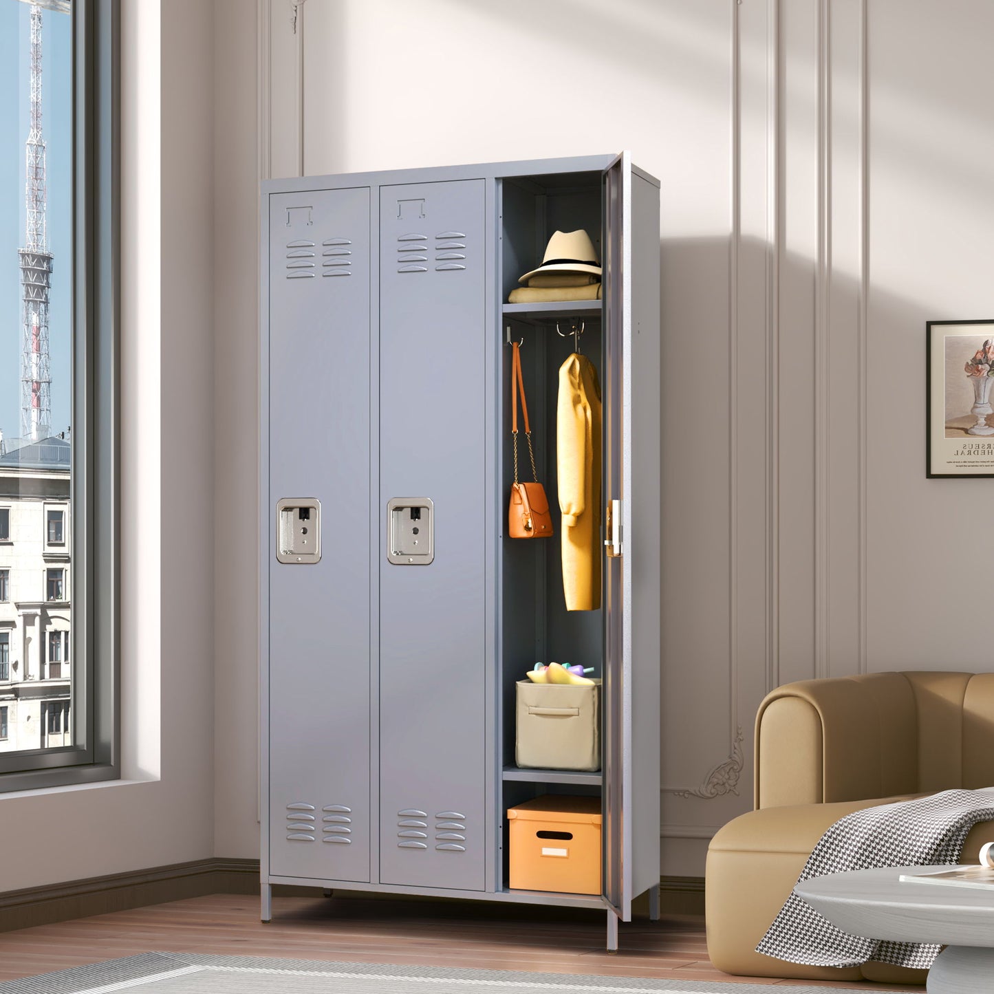 3 Door Lockers With Lock For Home, Gym, Office, School, And Garage - Gray Home Essentials