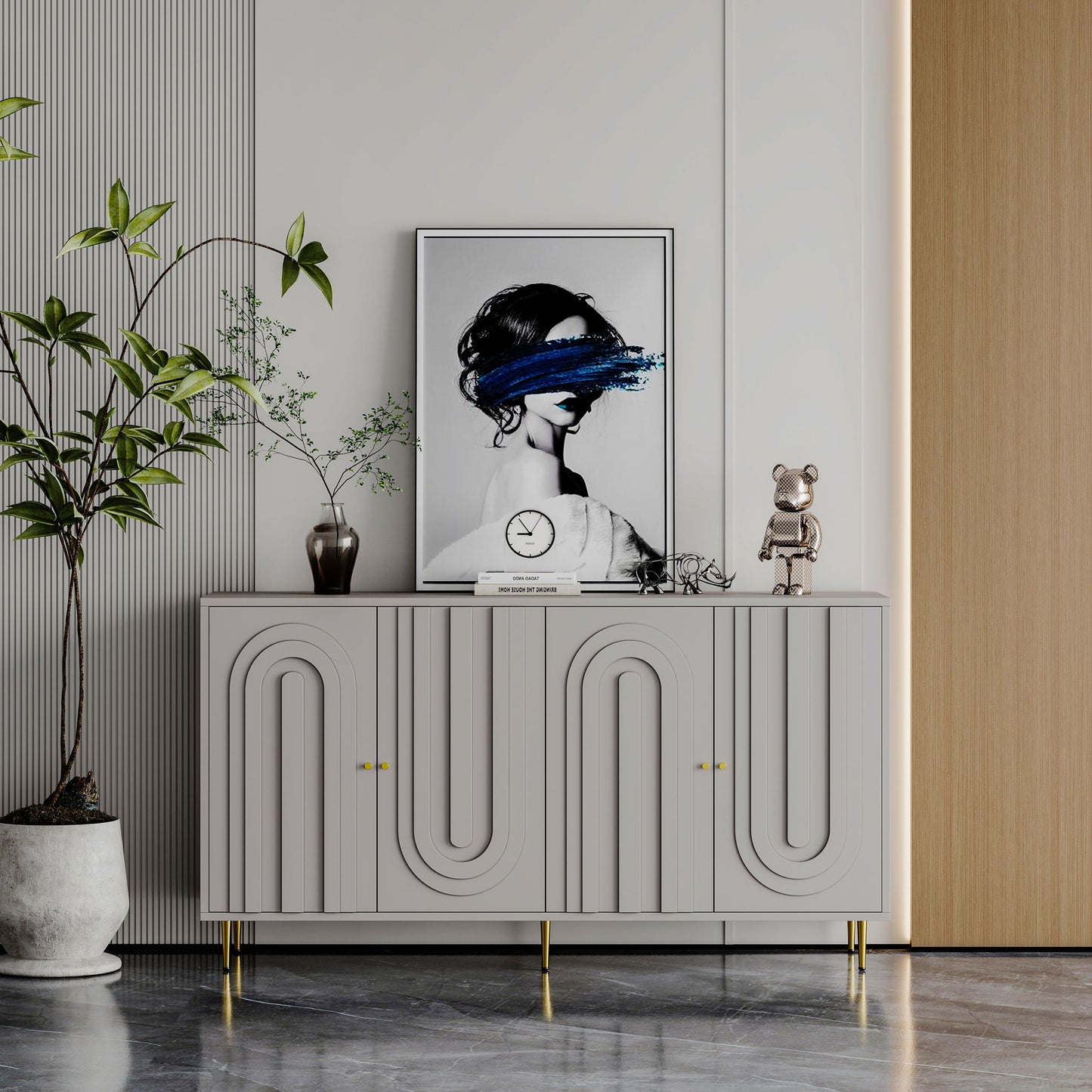 Modern Lacquered 4 Door Cabinet Sideboard Buffet Server Cabinet Storage Cabinet, For Living Room, Entryway, Hallway, Office, Kitchen And Dining Room Home Essentials