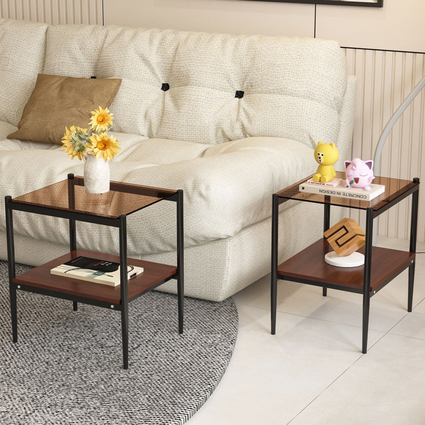 Modern Rectangle End Table (Set of 2) With Tempered Glass Tabletop And Layer - Brown Home Essentials