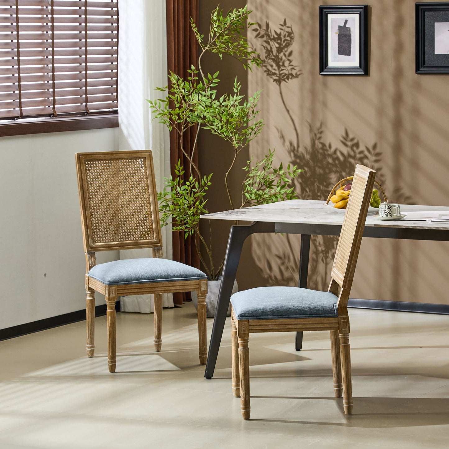 French Country Dining Chair With Rectangular Cane Backrest And Smooth Upholstered Seating Noble House