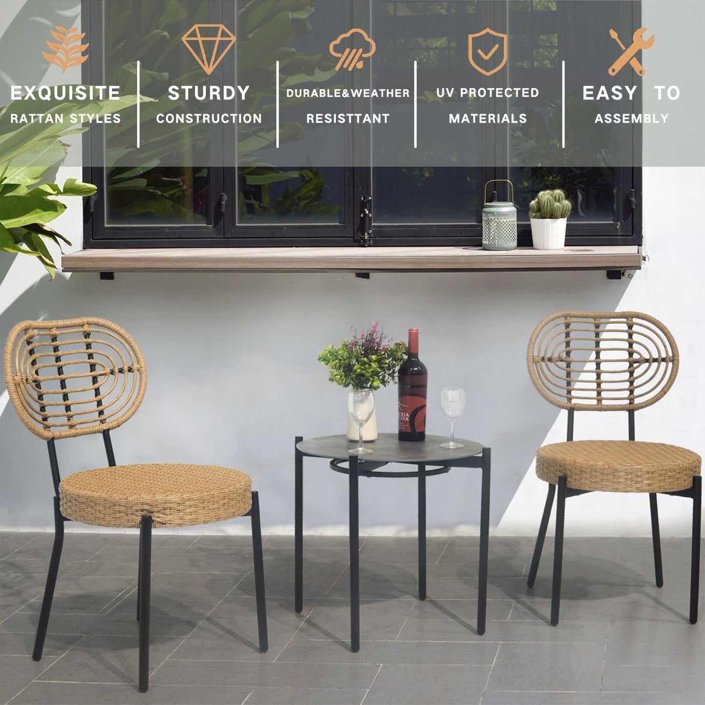 3 Pieces Of Luxury Outdoor Wicker Furniture Patio Bistro Style Table And Chair Combination, Weather Resistant PE Wicker Weave, Suitable For Garden - Black / Natural Home Essentials