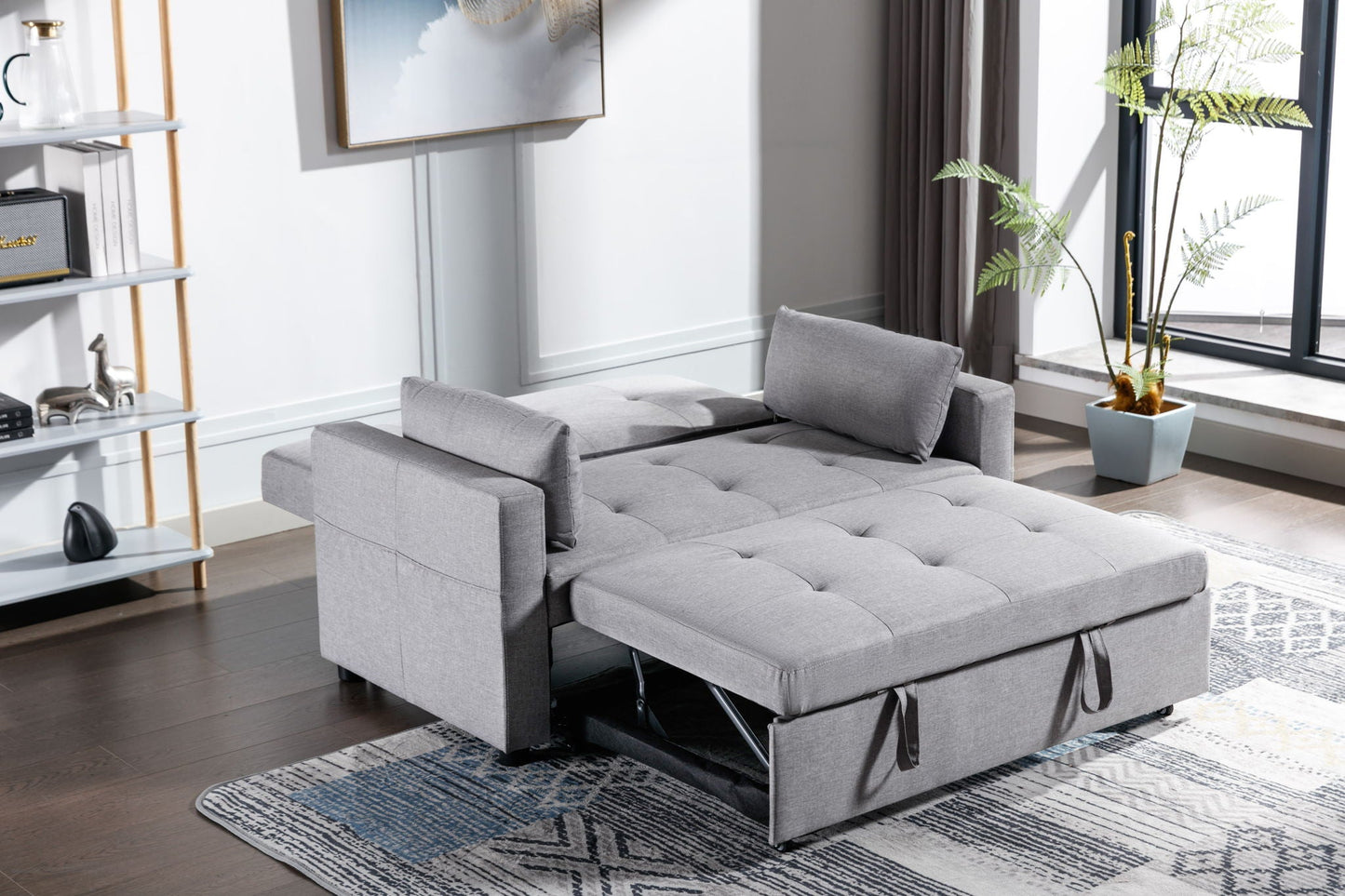 2 Seaters Slepper Sofa Bed Linen Fabric 3-In-1 Convertible Sleeper Loveseat With Side Pocket Home Essentials