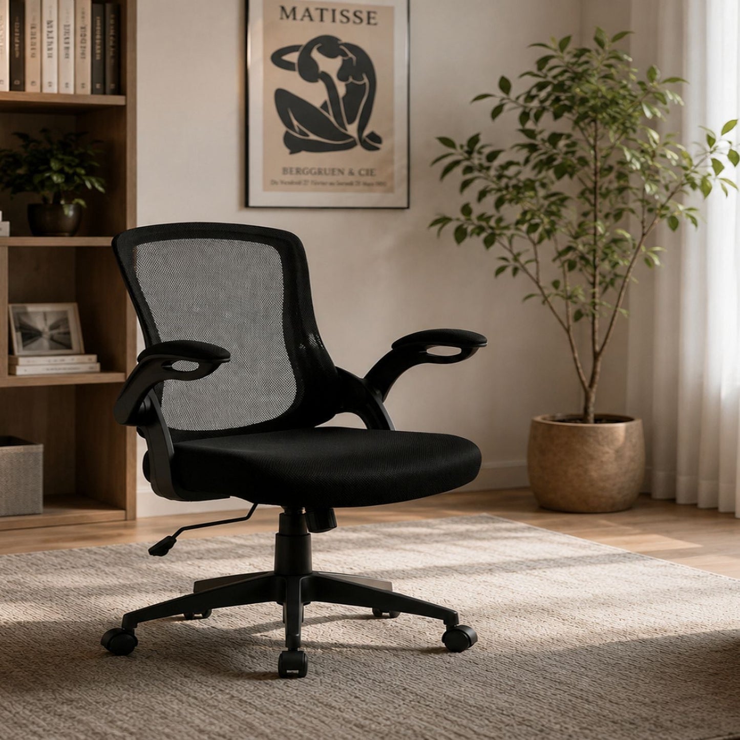 Office Chair With Mid Back Design, Adjustable Height And Foldable Armrests - Black Home Essentials