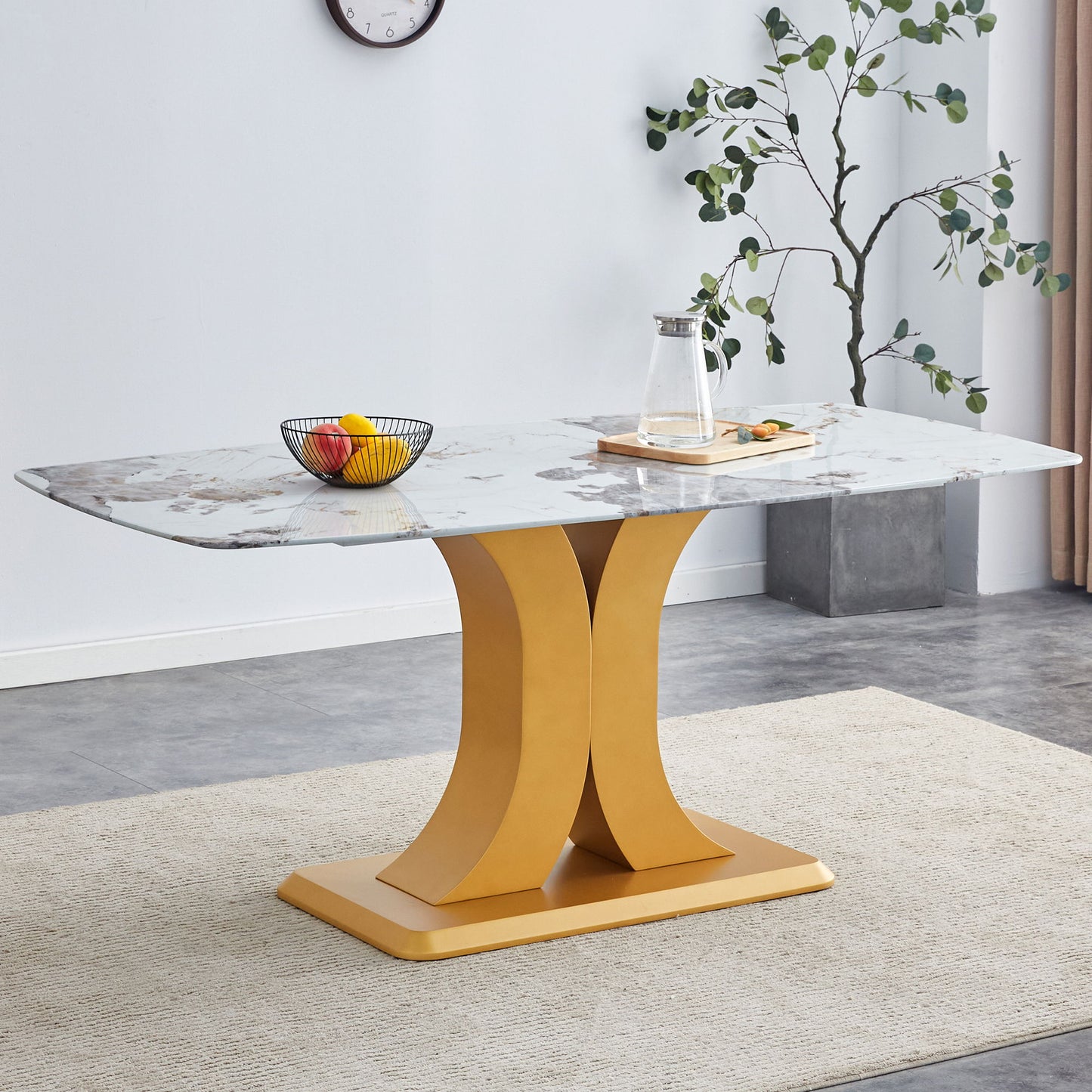 Modern Minimalist Dining Table With Imitation Marbled Glass Top And Legs For Kitchen And Living Room - Gold Home Essentials