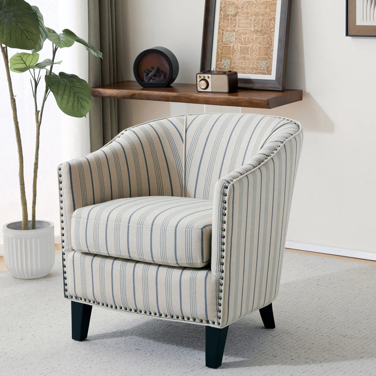 Transitional Upholstered Stripe Barrel Chair With Birch Wood Legs And Plush Cushioned Seat - Beige / Blue Stripe Noble House