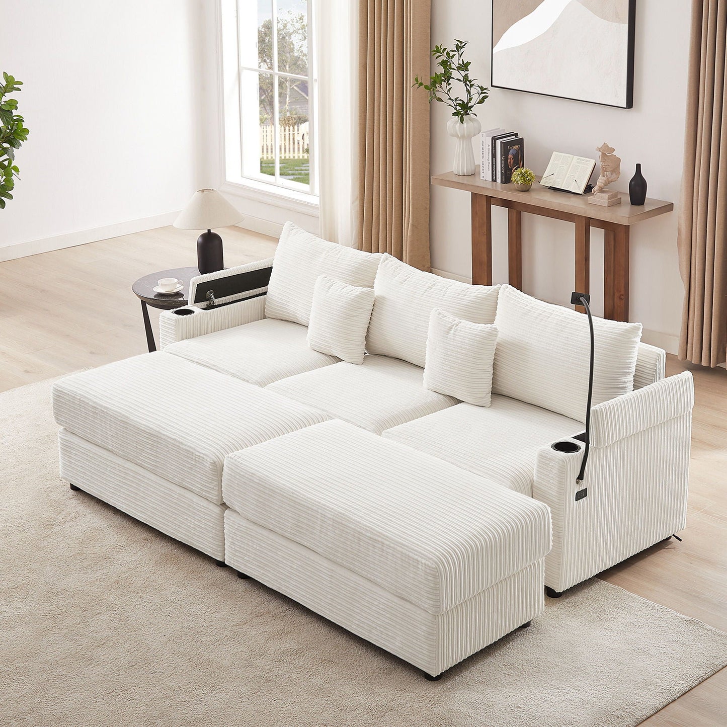 Modern Style Loveseat Sofa Sectional Sofa Couch With Storage Space, A Movable Ottoman, Two USB Ports, Two Cup Holders, A Phone Holder For Living Room Hearth and Haven