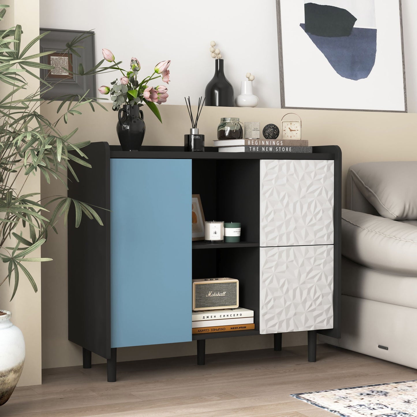 Modern Sideboard Buffet Cabinet With Red Doors And Unique Panel Styling Home Essentials