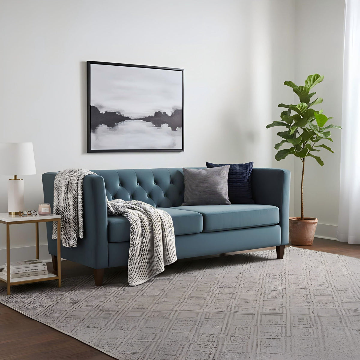 Button Tufted Velvet 3-Seater Sofa, Square Arm Upholstered Couch With Tapered Wood Legs, Mid-Century Tufted Large Sofa Furniture For Living Room U S Pride Furniture