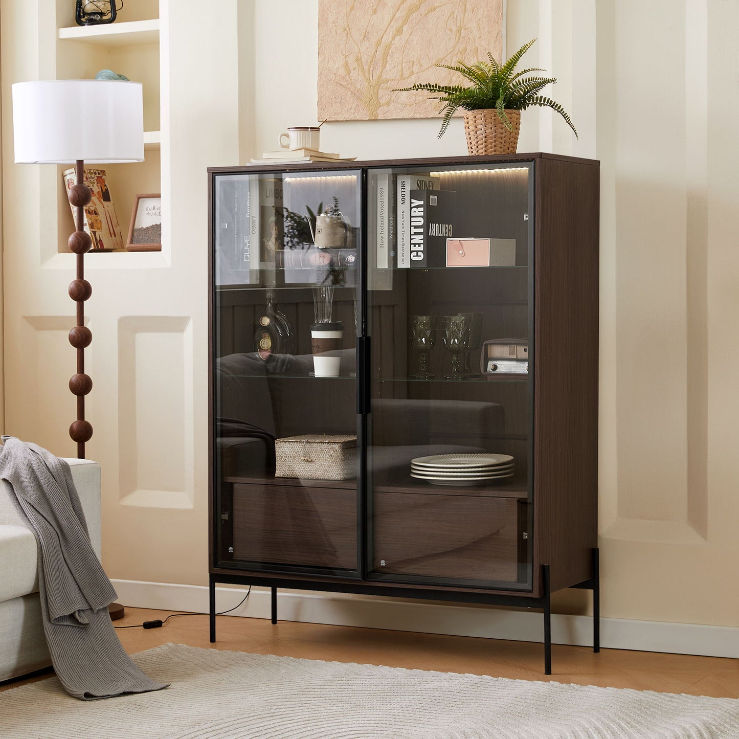 Modern Minimalist Style LED Curio Cabinet With Tempered Glass Door, Metal Legs Hearth and Haven