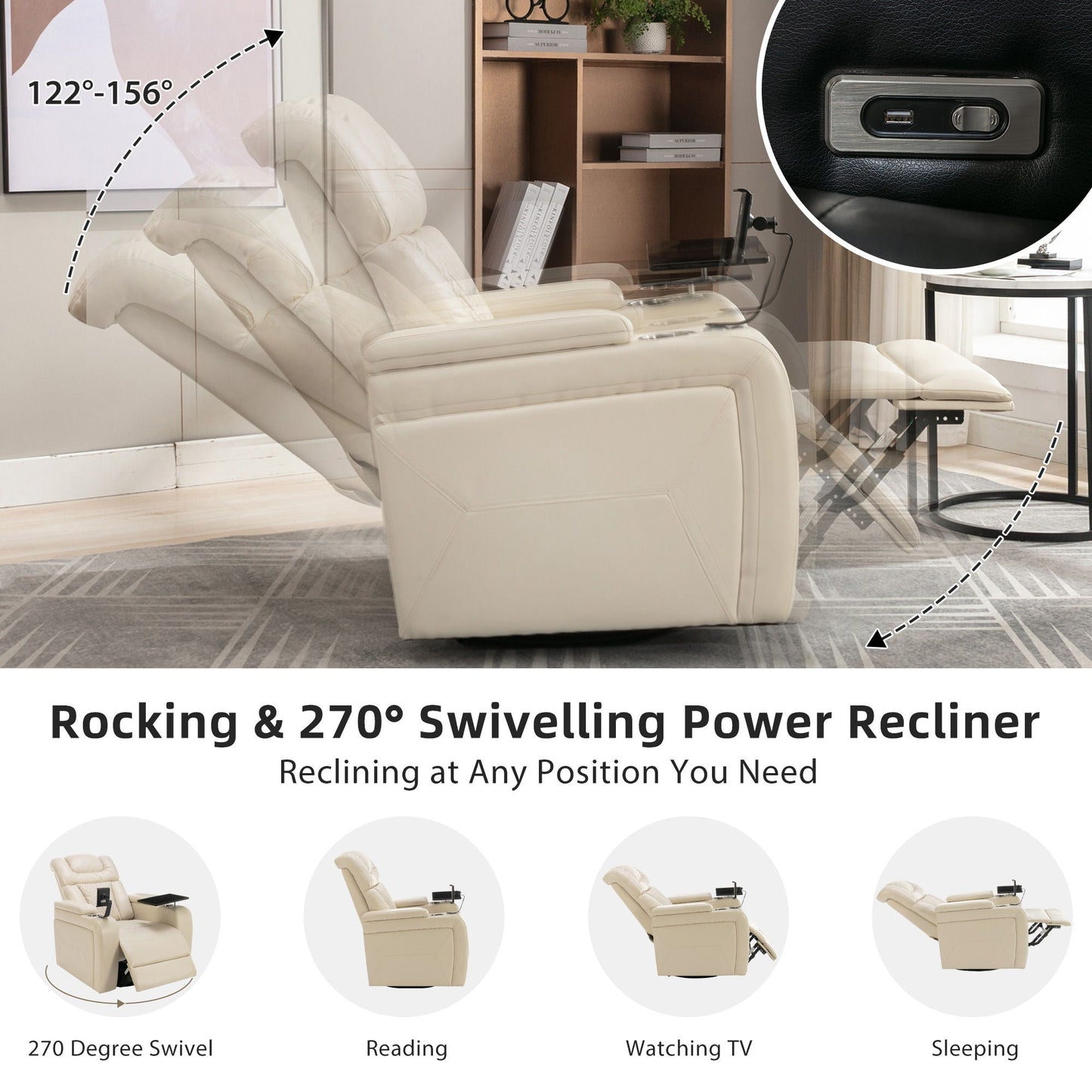 270 Degree Swivel Power Recliner With Tray Table, Phone Holder, Cup Holder, USB Port Hearth and Haven