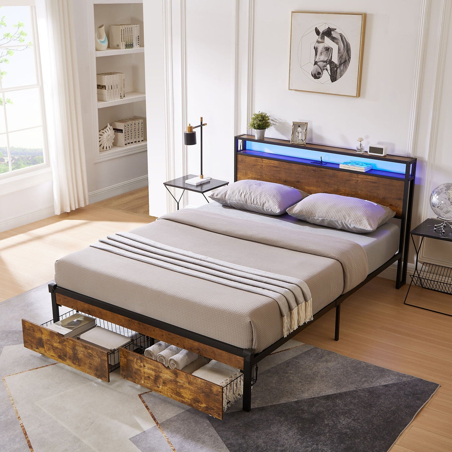 Modern Metal Platform Bed Frame With Wooden Headboard, USB Charging, LED Lights, And Storage Home Essentials