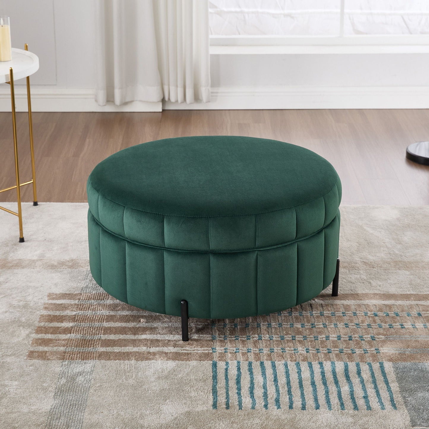 Upholstered Round Ottoman With Reversible Lid, Channel Tufted Pumpkin Shape Home Essentials