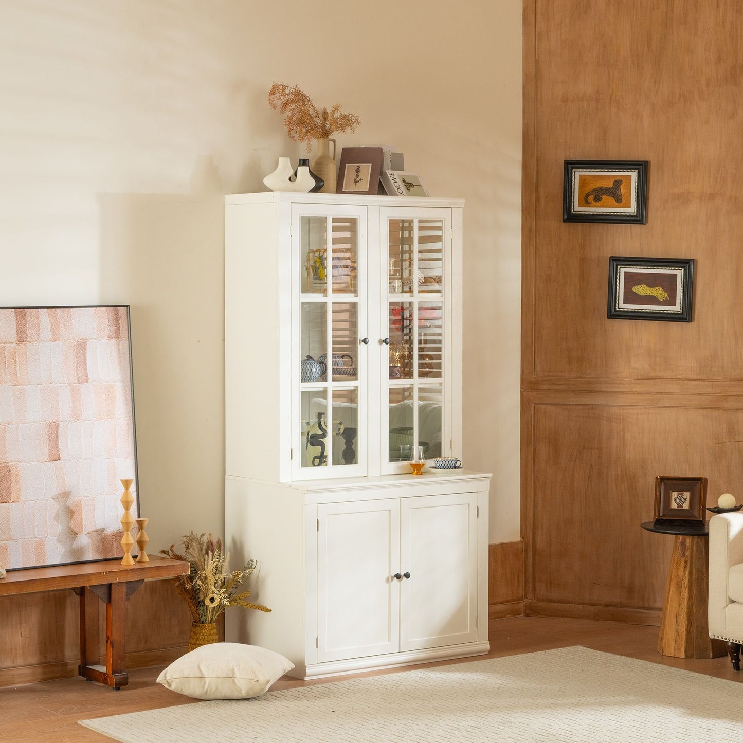 Retro Style Hutch Cabinet With Glass Door, China Cabinet For Home Hearth and Haven